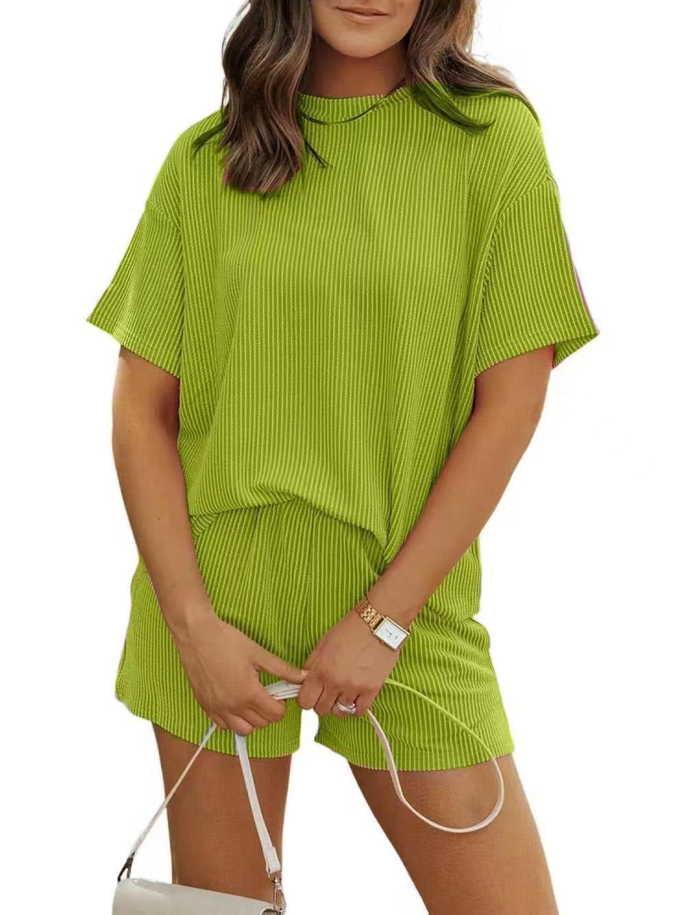 Summer Casual Chic Striped New Round-neck Womens Outfit Set