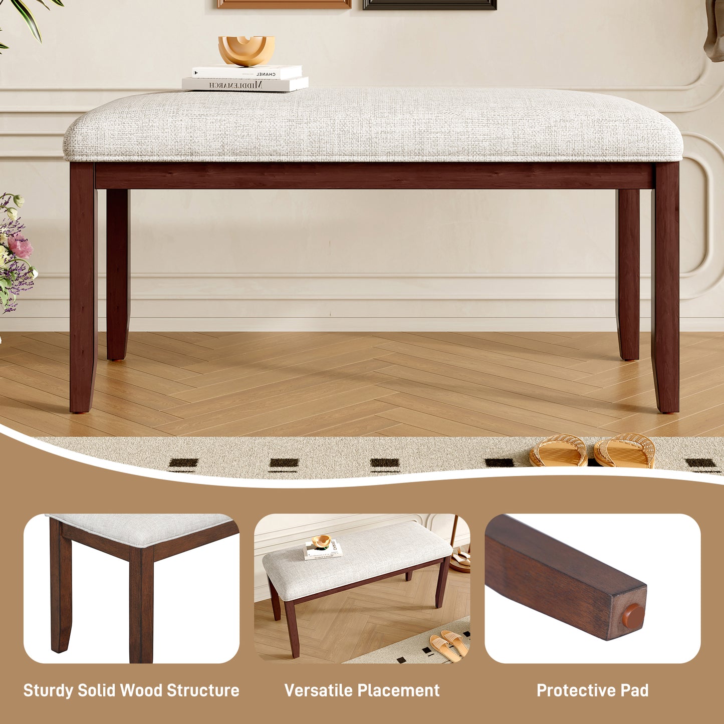 Upholstered Bench For Bedroom End Of Bed,38-inch Entryway Bench For Living Room,Dining Bench With Padded Seat And Solid Wood Leg For Kitchen Bedroom,Indoor And Hallway  Bench, Beige Cherry
