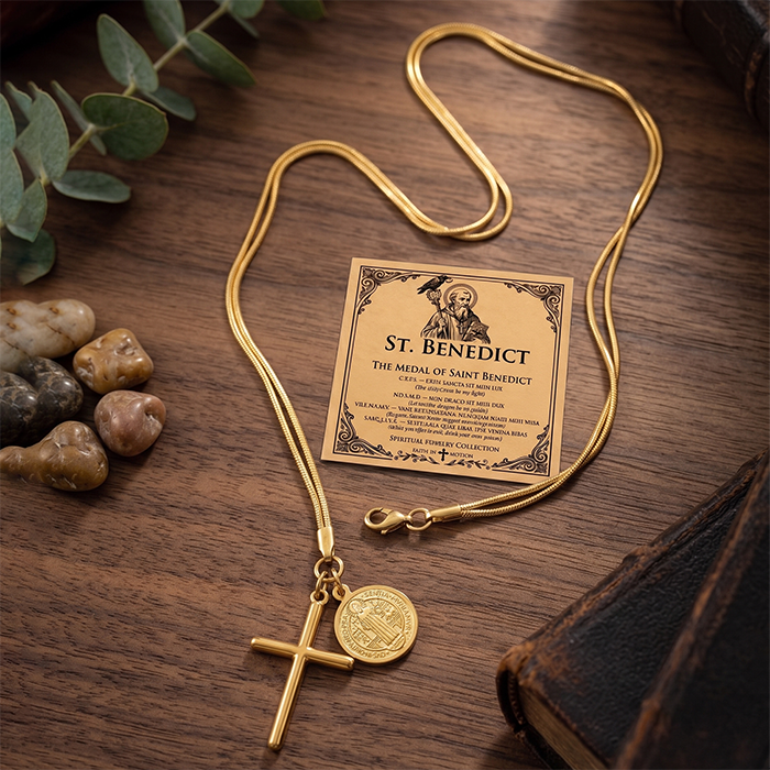 St Benedict Medal Cross Necklace For Women Men, 18K Gold Plated Stainless Steel Snake Chain, Religious San Benito Coin Protection Jewelry Gift