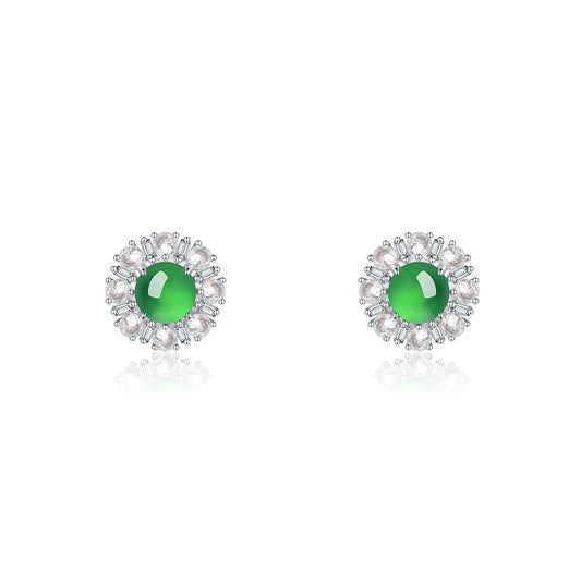 S925 Sterling Silver Flower Stud Earrings, 6mm Round Green Chrysoprase, Platinum Plated 3.2g Elegant Women's Jewelry With Gift Box Set