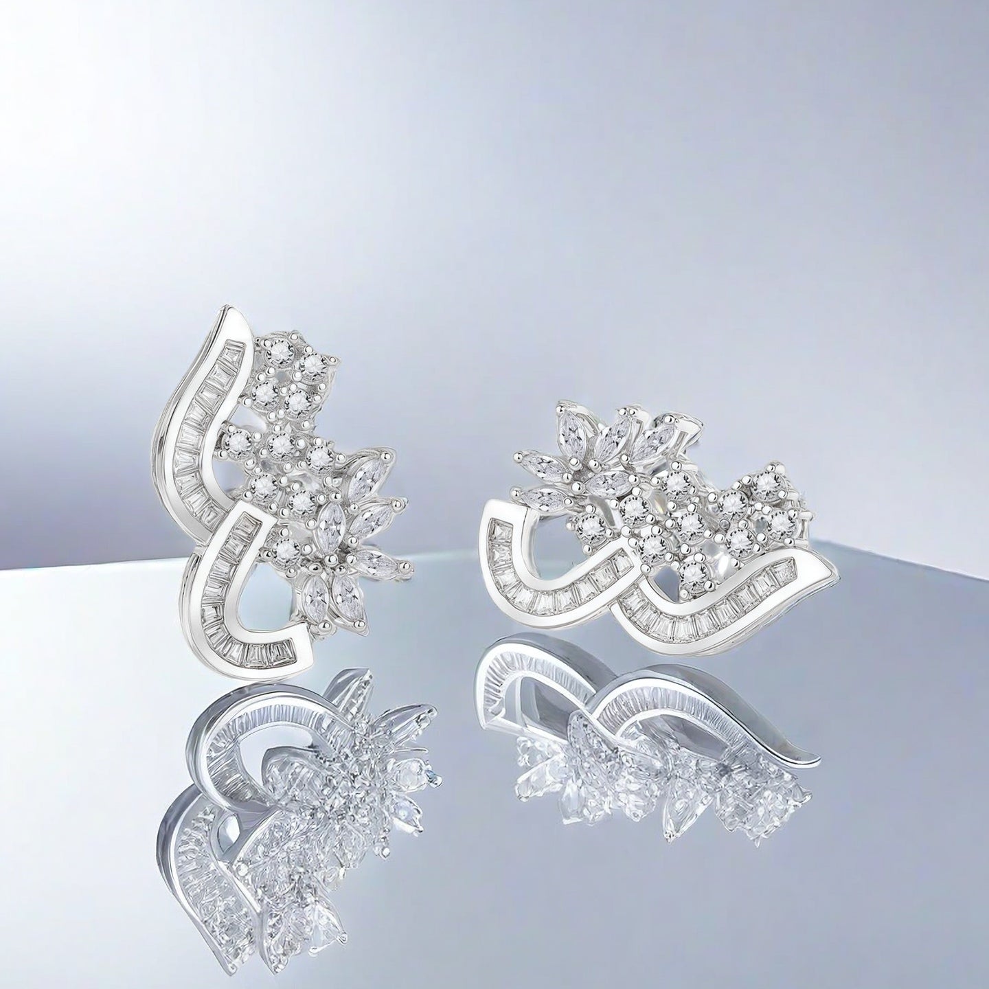 Irregular Curved Intertwined Flower Paved Clear CZ Stud Earrings For Women, Copper Silver Plated Marquise Crystal Vintage Wedding Party Statement Jewelry Gift