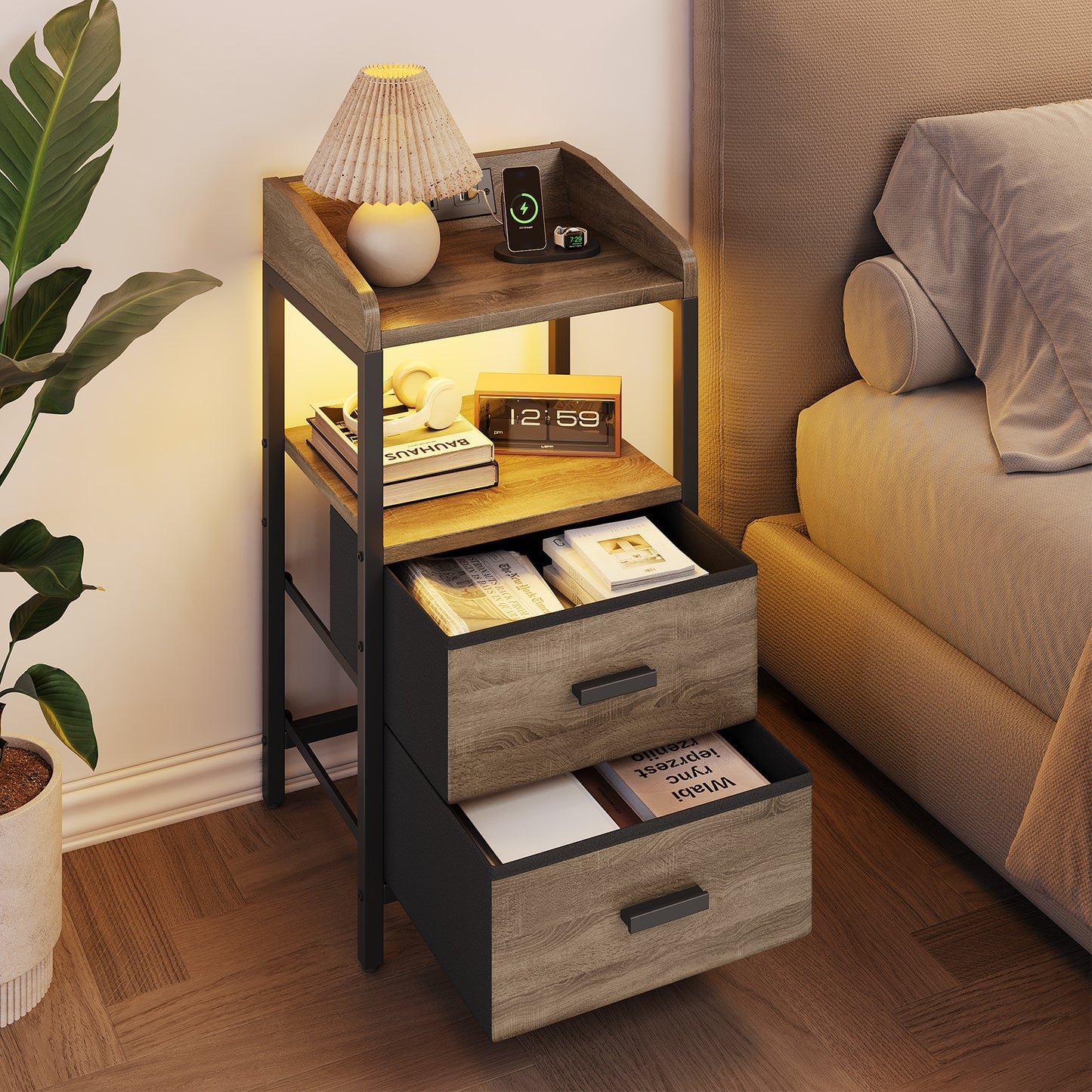 Nightstand With Charging Station Modern Bedside End Side Table With Guardrail Storage Shelf 2 Fabric Drawers USB Ports AC Outlets