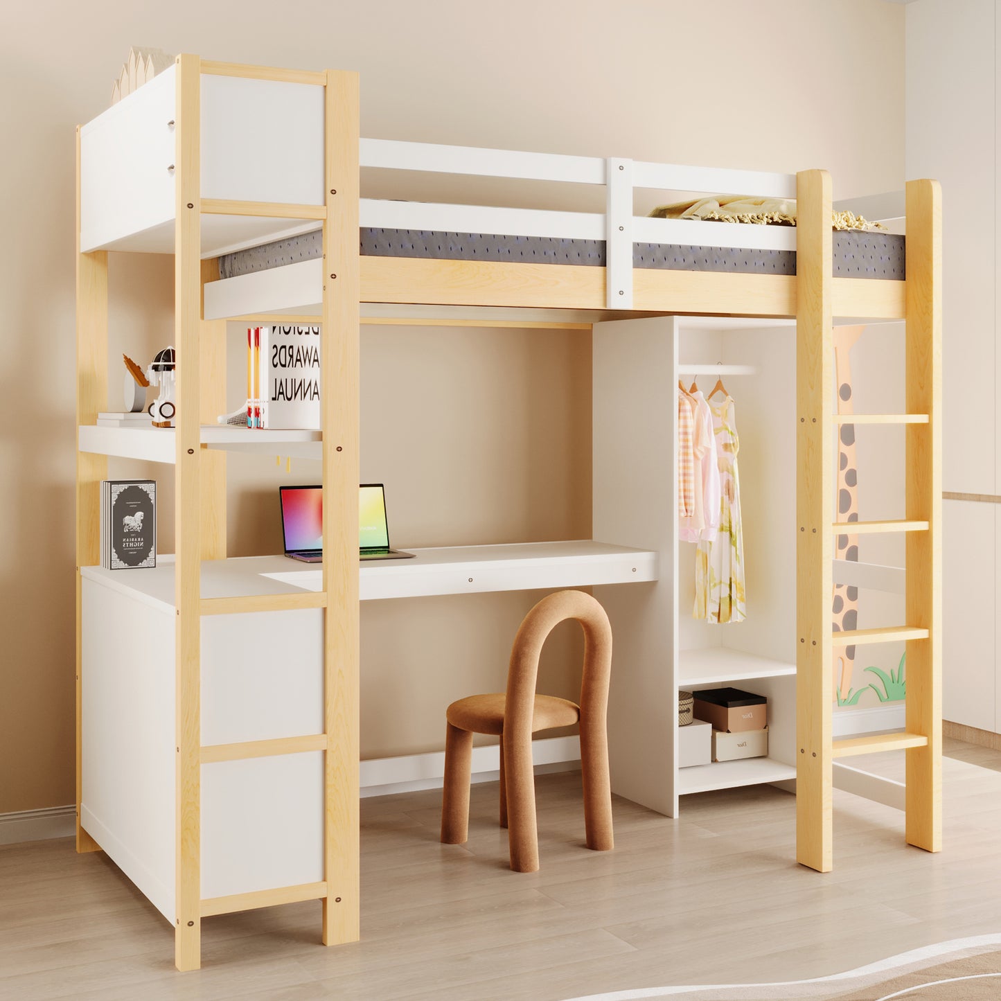 Loft Bed, 90x200 Cm, Shelves, Several Storage Compartments, Desk, Wardrobe, Without Mattress, Natural