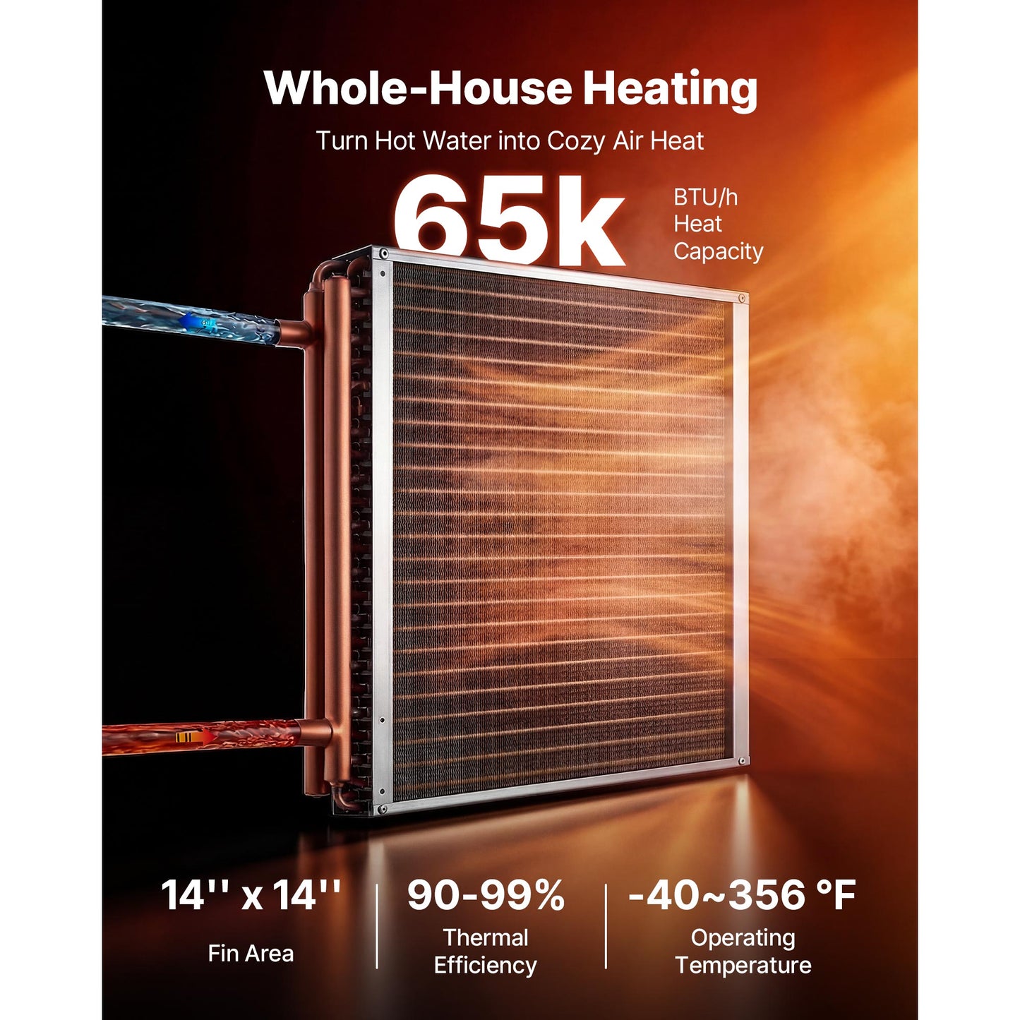 Water To Air Heat Exchanger, 14 X 14 In Finned Tube HVAC Heat Exchanger Coil With Copper Tubes & Aluminum Fins, 65K BTU Output For Outdoor Wood Furnace, Hydronic Heating & Cooling Systems