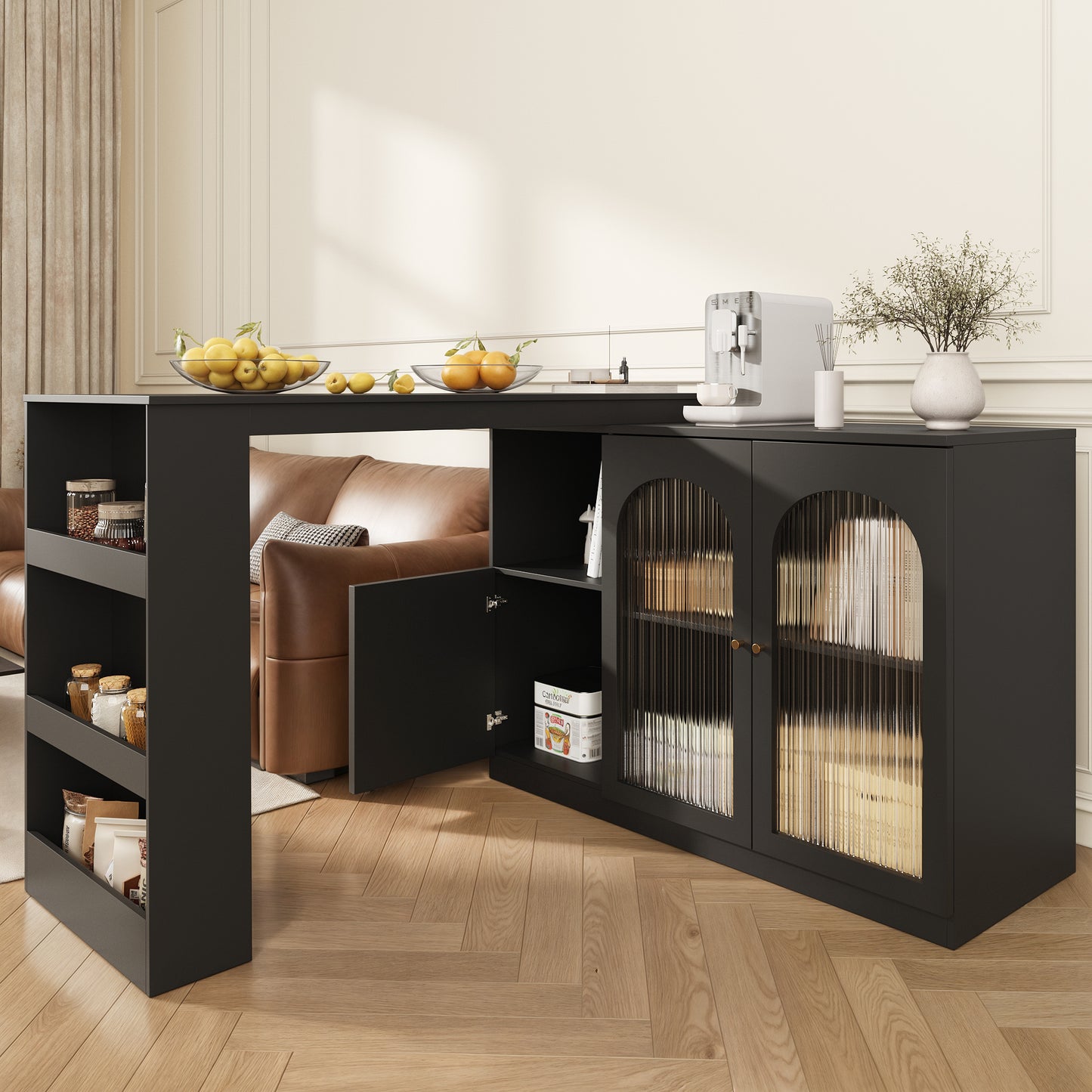 360 Rotating Bar Table  Main Body 120 X 40 X 97 Cm, Modern And Simple Black Rotating Dining And Bar Cabinet, Multifunctional Storage Cabinet With Glass Door