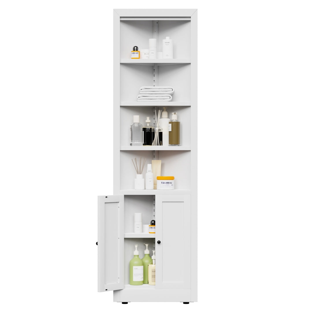 71in Tall Corner Storage Cabinet With 2 Doors, 5-Tier Metal Cabinet With Adjustable Shelves, Freestanding Kitchen Storage For Pantry, Living Room, Bathroom, Laundry Room, Space Saving Furniture, White
