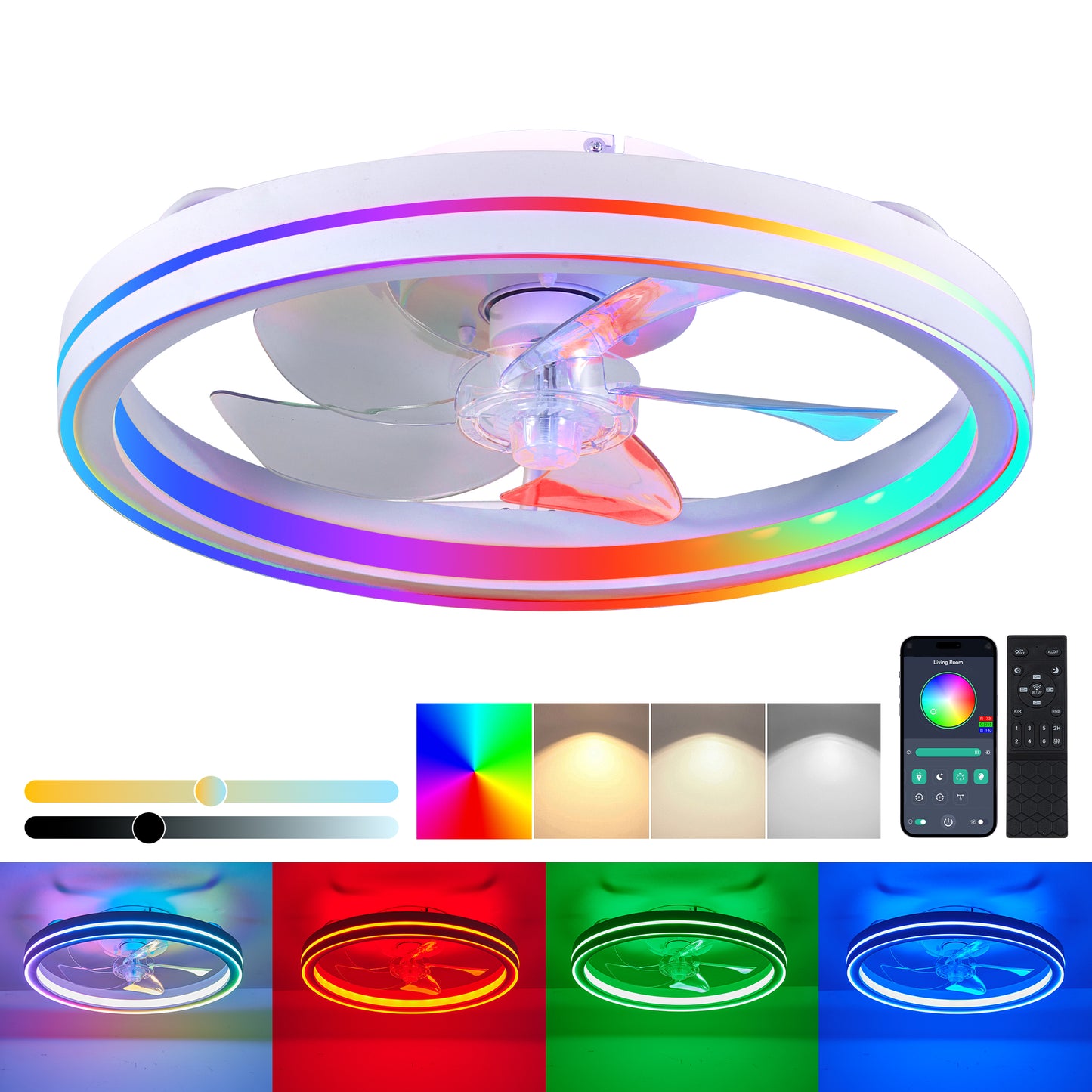 RGB Ceiling Fans With Lights, 19  Smart LED Ceiling Fan With Remote APP Control, Modern Low Profile Bladeless Chandelier Fan, Dimmable White Fandelier For Bedroom, Living Room, Kitchen