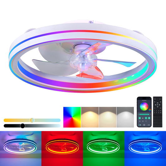 RGB Ceiling Fans With Lights, 19  Smart LED Ceiling Fan With Remote APP Control, Modern Low Profile Bladeless Chandelier Fan, Dimmable White Fandelier For Bedroom, Living Room, Kitchen