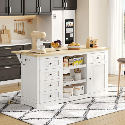 Sideboard, Kitchen Island, Bar Cabinet With 5 Drawers, 2 Pull-out Shelves, Foldable Extension Plate And Integrated Sockets, For Kitchen, Dining Room And Living Room, White, 150x65x75 Cm