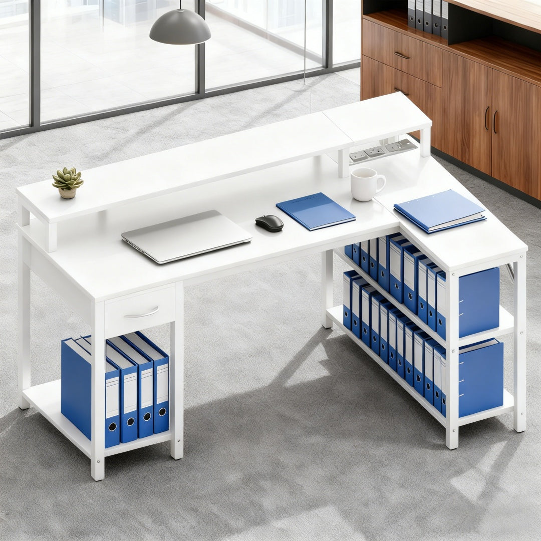 53-inch Gaming Table With USB Charging Port And LED Light, Reversible L-shaped Table With Power Socket And Monitor Stand