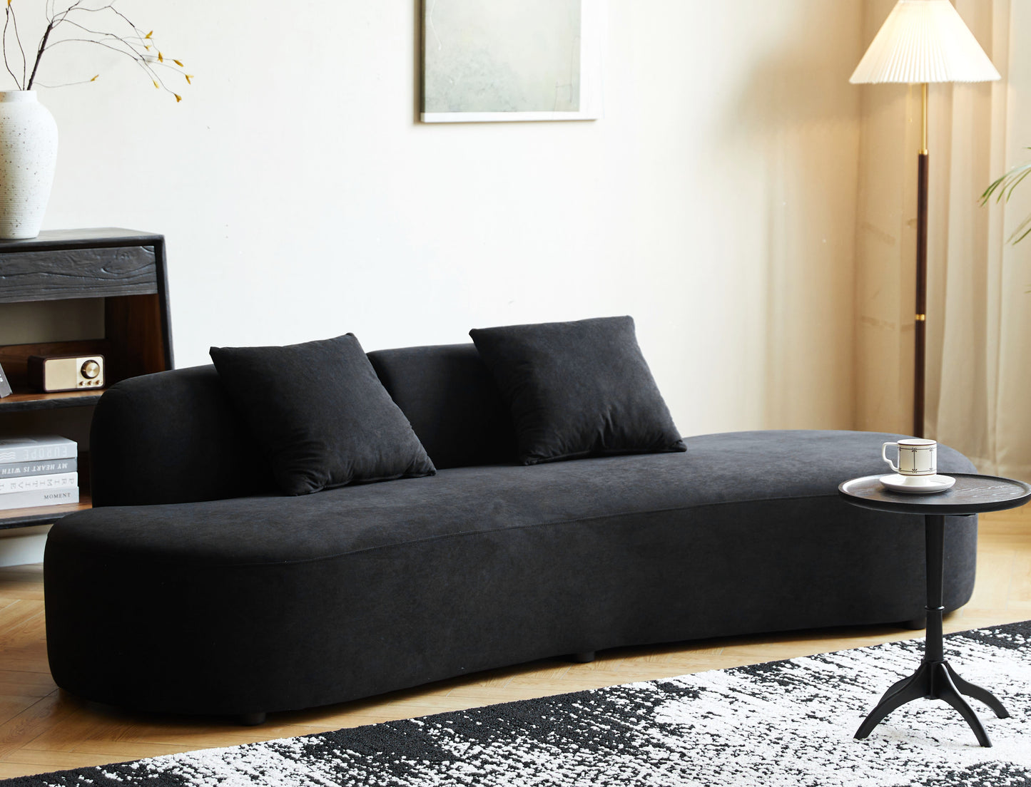 90   Curved Sofa With Throw Pillows, 4 Seater Luxury Velvet Couch With Half Moon Design And High-Density Foam, Ideal For Modern Living Room, Office & Apartment, Black