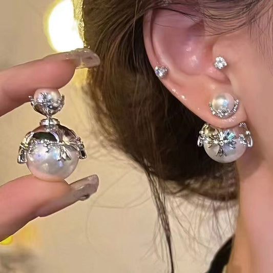 Niche Designer Light Luxury Cross & Pearl Earrings, Exaggerated Popular Statement Stud Earrings For Women Fashion Jewelry