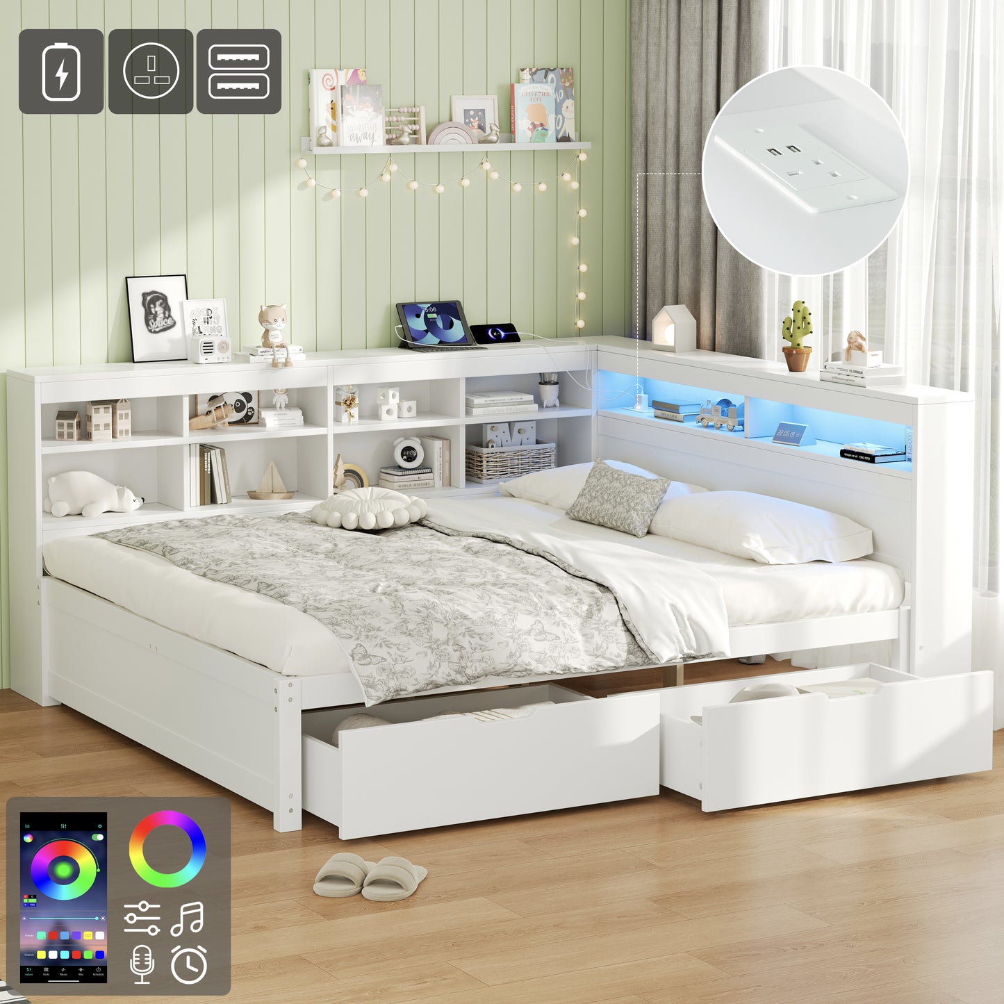 4ft6 Double Daybed With Two Storage Drawers And Beside Storage, LED Modern Bed Frame With Charging Station, Wood Bed For Living Room Bedroom Study Room, 135X190cm, Easy Assembly, White  No Mattress