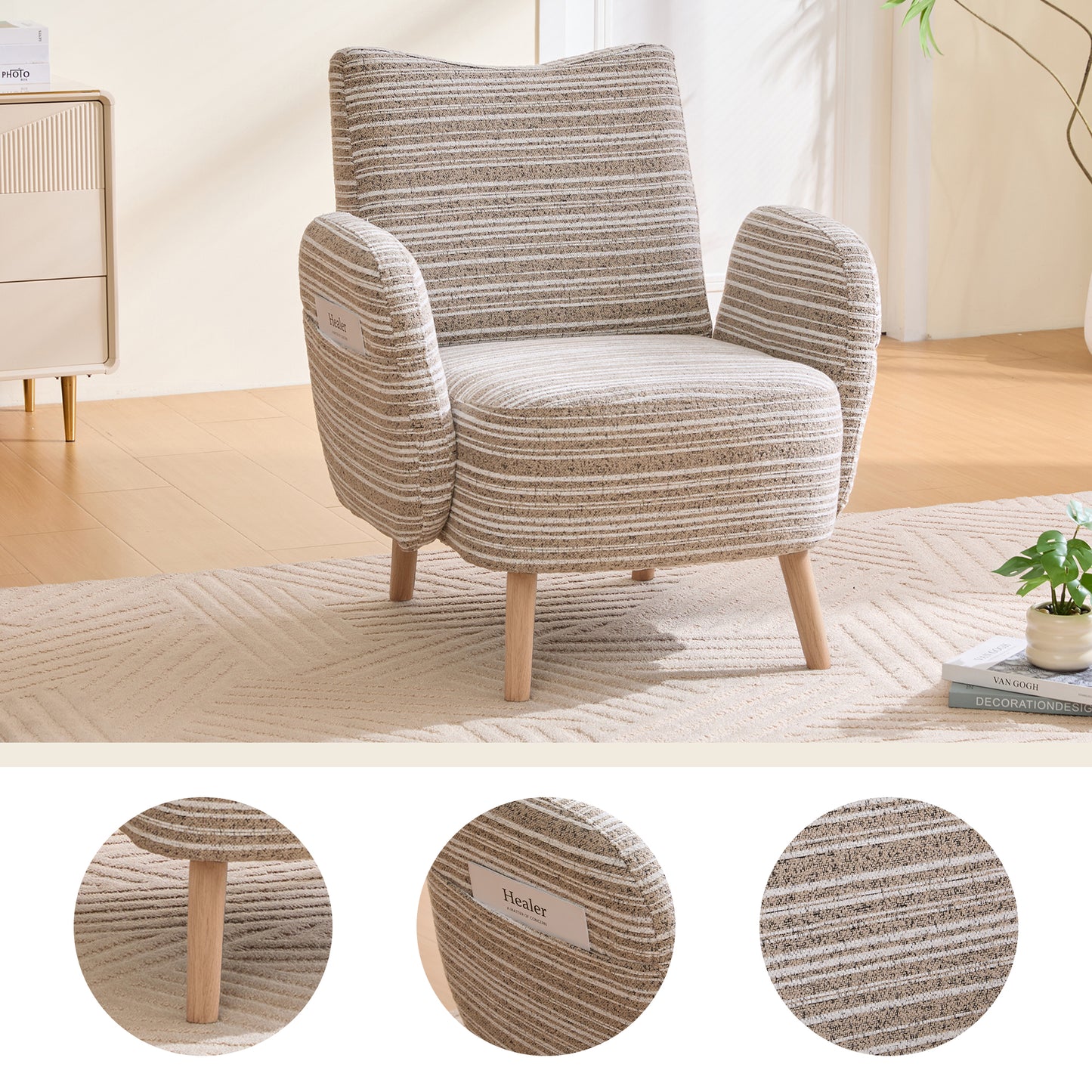 Modern Armchair, Fabric With Circle Pattern, With Side Pocket, Solid Wood Legs, Comfortable Reading Chair, Living Room, Bedroom, Office Khaki Boucle
