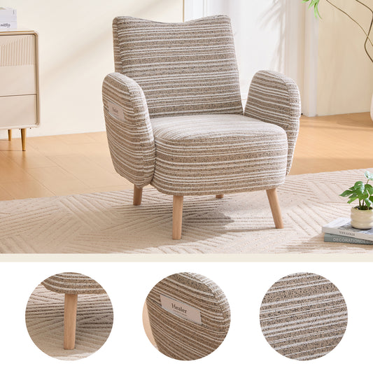 Modern Armchair, Fabric With Circle Pattern, With Side Pocket, Solid Wood Legs, Comfortable Reading Chair, Living Room, Bedroom, Office Khaki Boucle
