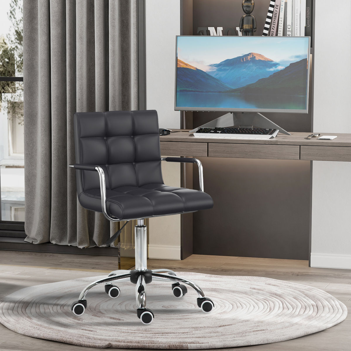 Vinsetto Makeup Vanity Chair, PU Leather Mid Back Office Chair With Adjustable Height, Armrest And Rolling Wheels, Black