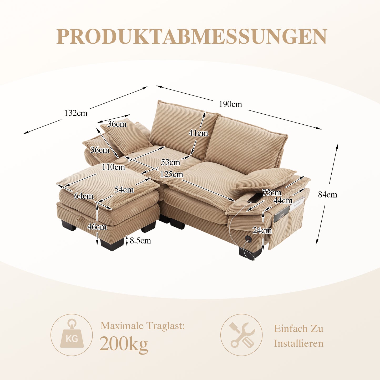 Modular 2-seater Corduroy Sofa  With Stool  Wide Seat, Ergonomic Design, High-density Foam Padding, USB-C Port And Side Pockets. Ideal For Living Room, Office Or Lounge.Khaki