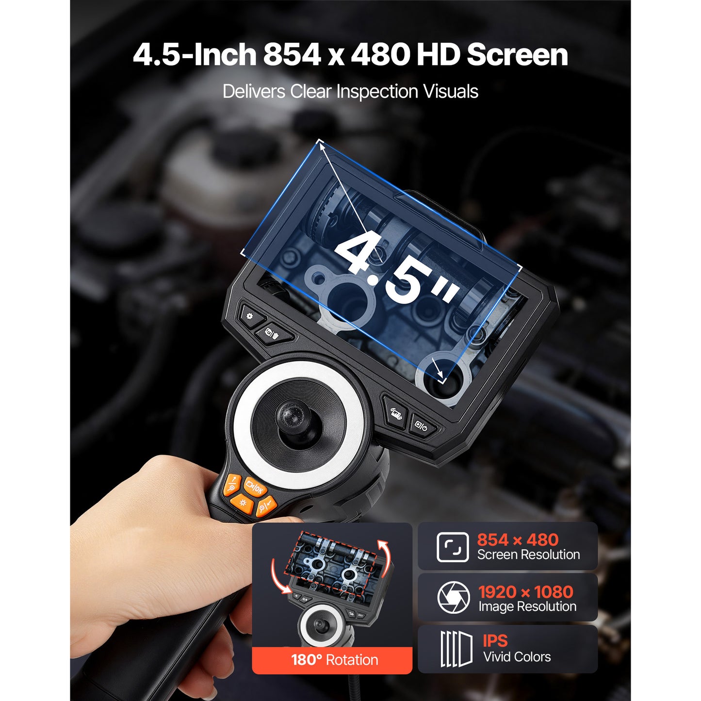 Articulating Endoscope With Light, 4-Way 360 Articulated Borescope, 0.24 Slim Lens 1920 X 1080, 4.5 HD IPS Screen, 8X Zoom Inspection Camera For Auto, Mechanical Equipment  4.9FT Snake Cable