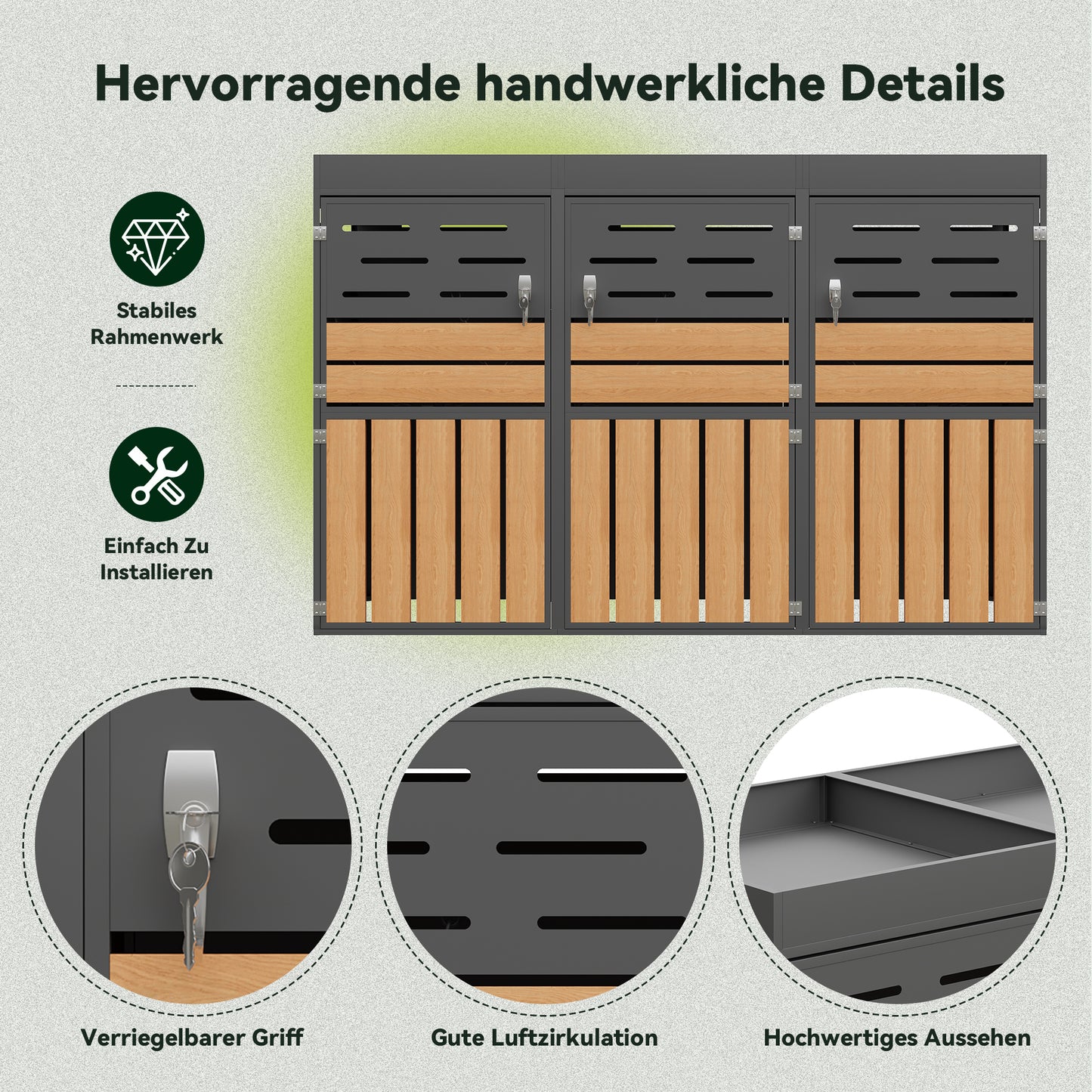 Multifunctional Outdoor Cabinet With Integrated Plant Box, Slat Ventilation, Three Separate Compartments, Galvanized Steel Frame And Safety Chain  For Storage & Garden Decoration  Without Waste Bin