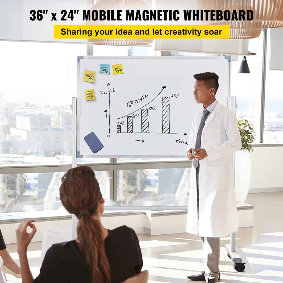 Mobile Magnetic Whiteboard, 36 X 24 Inch, Double Sided, 360 Degree Reversible Rolling Dry Erase Board, Height Adjustable With Aluminum Frame And Lockable Swivel Wheels, For Office School Home