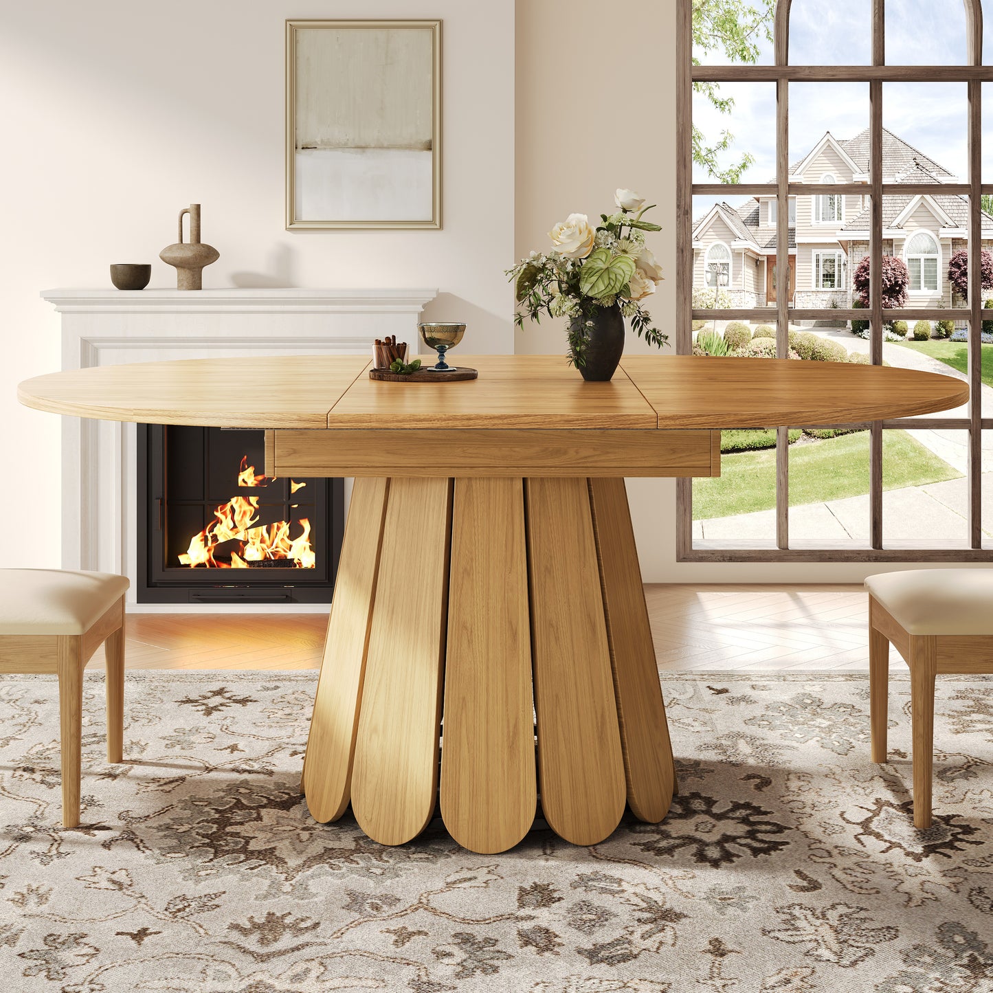 Extendable Dining Table, Dining Room Table, Kitchen Table, Balcony Table, Wooden Dining Table Round Dining Table, Extends To Oval, 118-158 Cm, Seats Up To 6 People, Natural Color