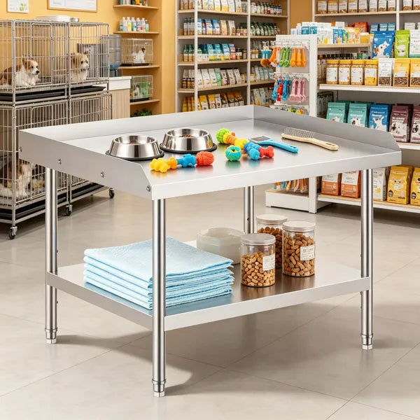 Sleek Metal Work Table With Easy To Clean And Adjustable Shelves For Kitchen