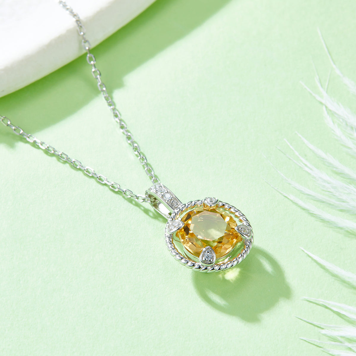 S925 Sterling Silver Necklace, 8mm Natural Citrine Round Pendant, Platinum Plated Rope Design Chain 2.6g, Elegant Women's Jewelry Gift Box