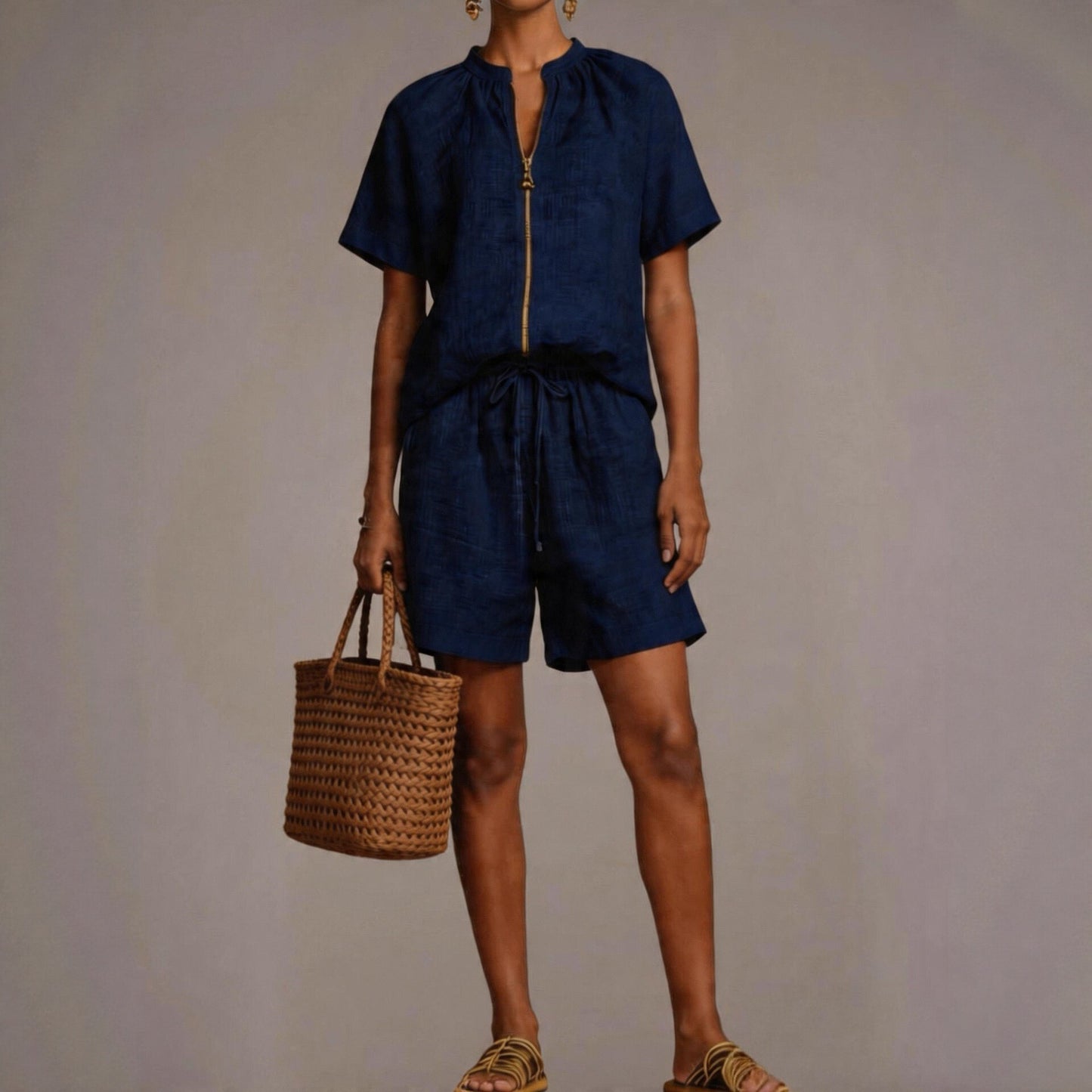 Summer New Solid-color Cotton-linen Short-sleeve Shorts Set