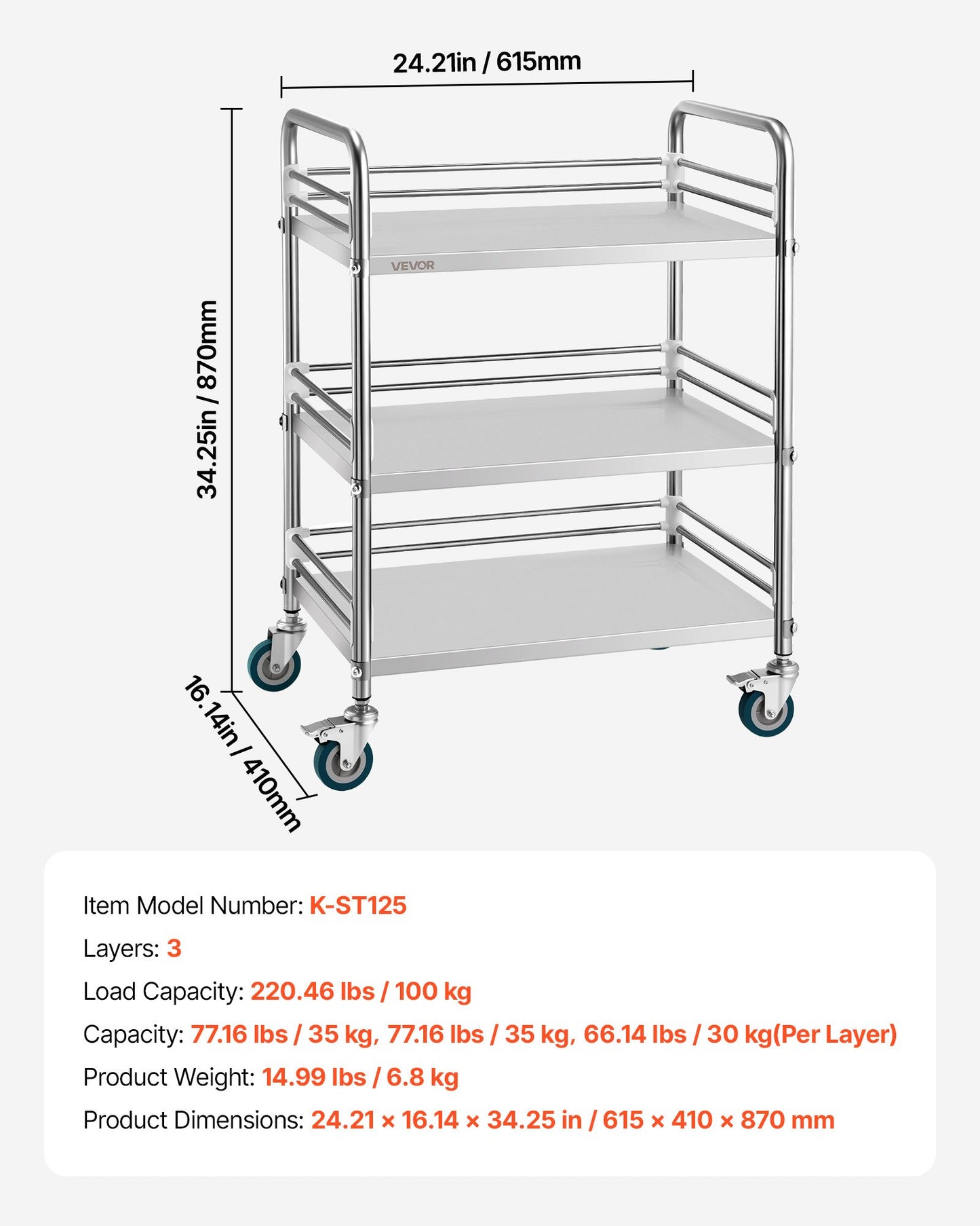 Stainless Steel Cart, 3-Tier Rolling Lab Utility Cart With Lockable Wheels, Medical Serving Trolley Clinic Tray, Heavy Duty Mobile Service Storage Tray For Hospital, Restaurant, Kitchen, Salon