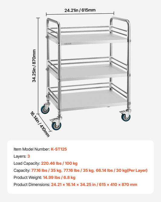 Stainless Steel Cart, 3-Tier Rolling Lab Utility Cart With Lockable Wheels, Medical Serving Trolley Clinic Tray, Heavy Duty Mobile Service Storage Tray For Hospital, Restaurant, Kitchen, Salon