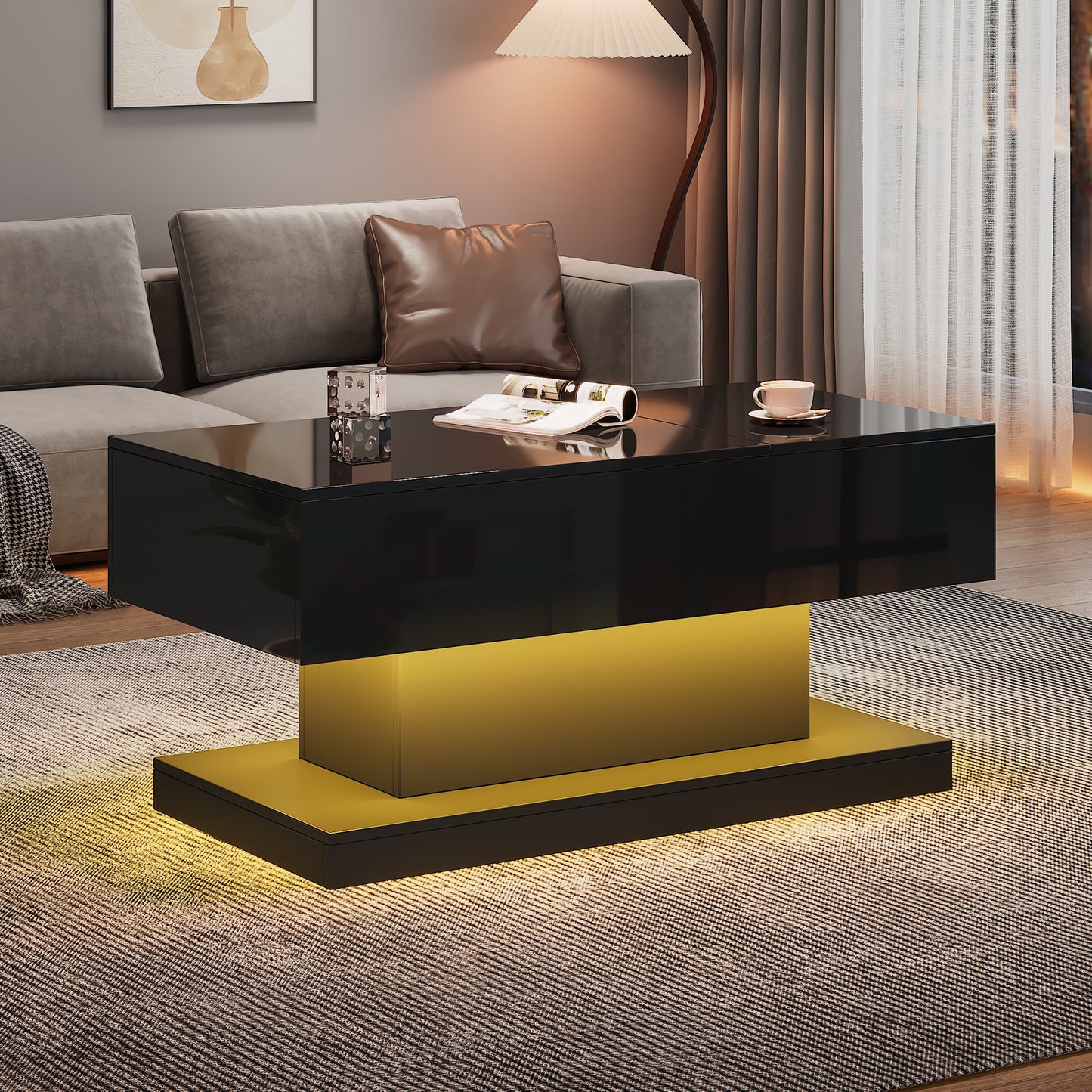 High Gloss Lift Tea Table LED Coffee Tables Coffee Table 100x50x45 Cm With LED Lighting -Semi-Liftable Table Top And Sideways Sliding Design, Hydraulic Lift And Storage