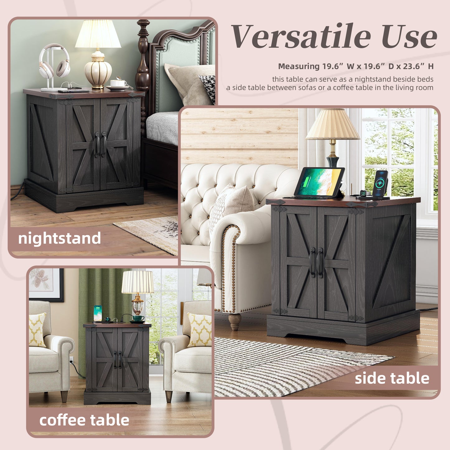 ON-TREND Farmhouse End Table With Charging Station, Rustic Wood Nightstand With Adjustable Shelf, 19.6W Versatile Walnut Sofa Side Table With Barn Doors & Retro Hinges For Bedroom, Living Room, Grey