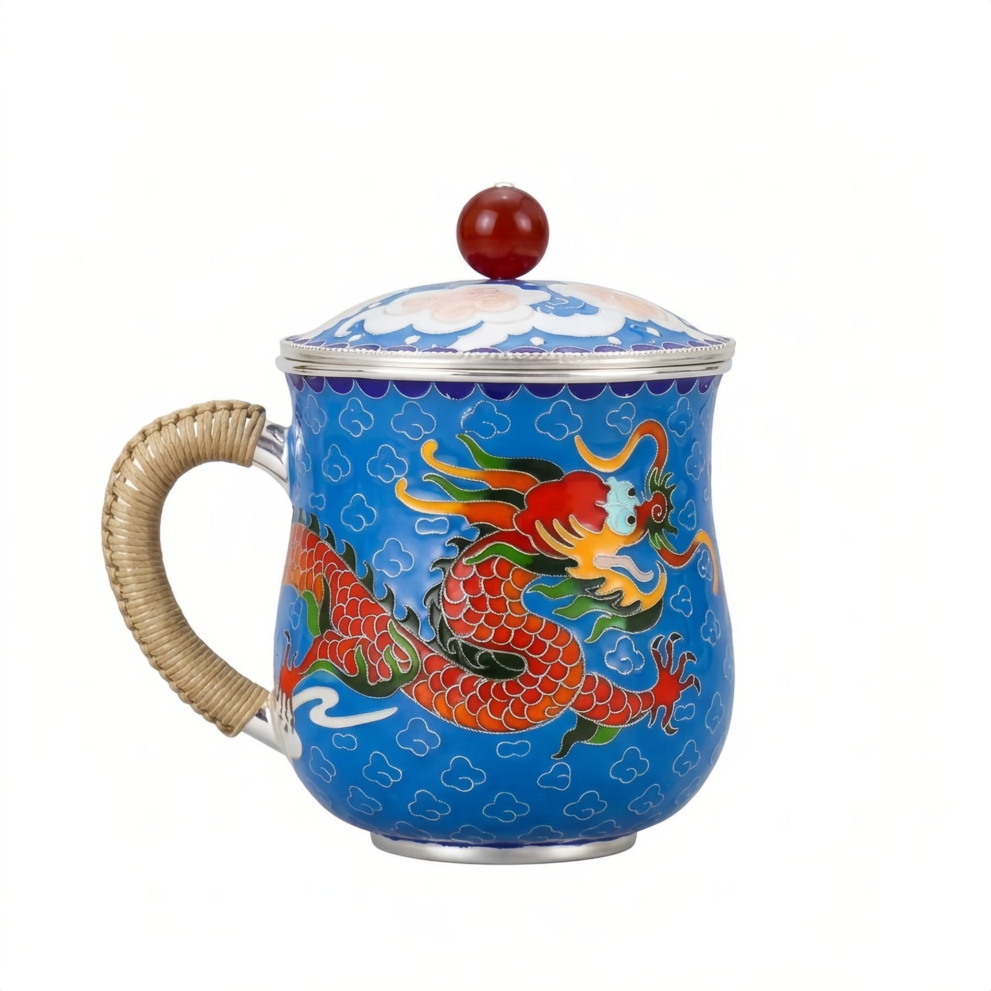 925 Sterling Silver Handcrafted Cloisonné Enamel Dragon Tea Mug with Wicker Handle and Ornate Lid - Handicraft