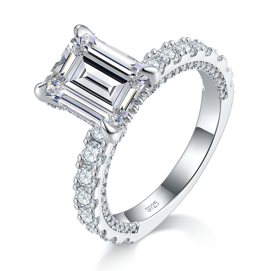 S925 Sterling Silver 4ct Emerald Cut Moissanite Ring, D-VVS1 Pave Band, Platinum Plated US Sizes 5-9, GRA Certified Jewelry Gift Box