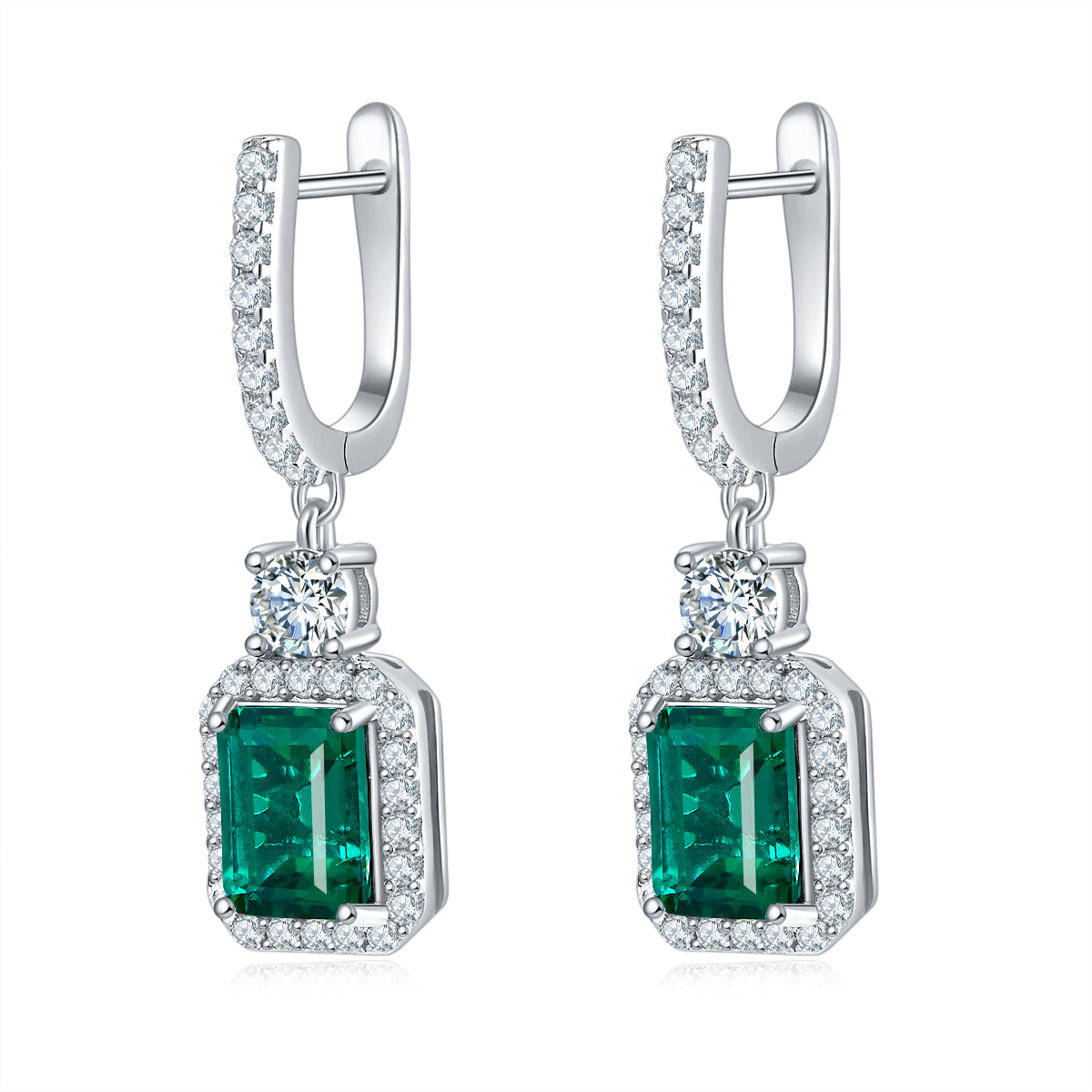 S925 Sterling Silver Lab-Grown Emerald Cut Drop Earrings, 6x8mm 6ct Ruby Sapphire Emerald, Platinum Plated 5.2g Women's Jewelry Gift Box