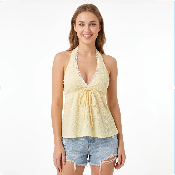 New V-neck Backless Halter Top Vacation Style Sexy Hot Girl Jacquard Summer Top