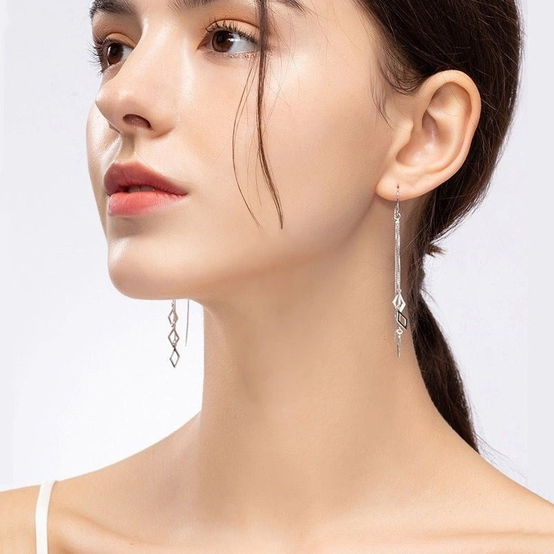 1 Pair 999 Sterling Silver Hollow Rhombus Long Tassel Threader Earrings, Minimalist & Elegant, Perfect For Daily, Dating & Business, Ideal Valentine's Gift