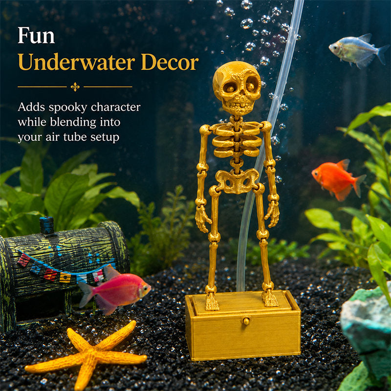 Movable Skeleton Aquarium Ornament, 3D Printed Articulated Skeleton Decor With Swing Treasure Box Base, Fish Tank Underwater Landscape Decoration