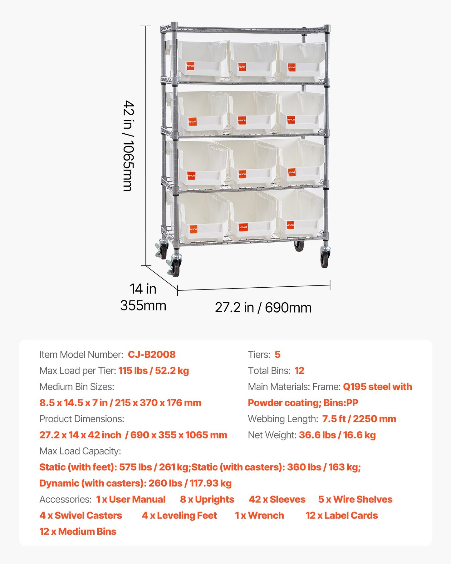 5-Tier Rolling Bin Storage Rack, 12 Organizer Bins, Bin Rack Storage Steel Wire Shelving System With Wheels, Mobile Tool Organizer For Garage, Warehouse, Office, Restaurant, Classroom, Kitchen