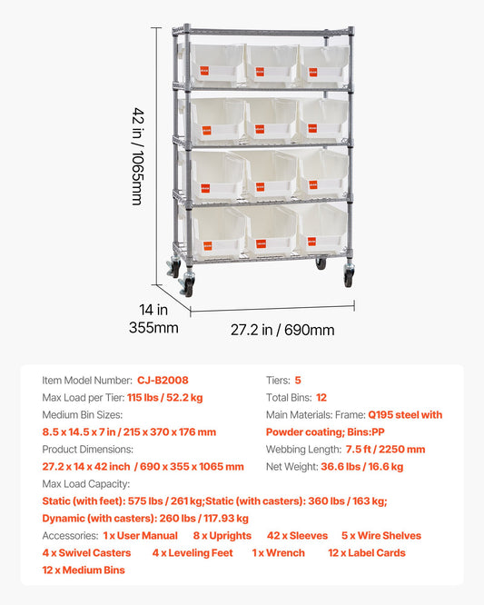 5-Tier Rolling Bin Storage Rack, 12 Organizer Bins, Bin Rack Storage Steel Wire Shelving System With Wheels, Mobile Tool Organizer For Garage, Warehouse, Office, Restaurant, Classroom, Kitchen