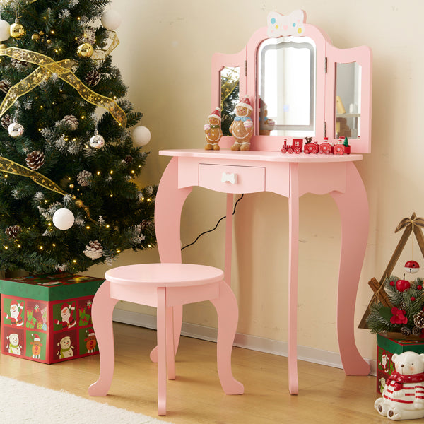 Kids Vanity Table And Chair Set, 2-in-1 Girls Vanity With Tri-Folding Mirror & 3-Color LED Lights, 1 Drawer, Pretend Play Makeup Dressing Princess Table For Toddlers, Pink