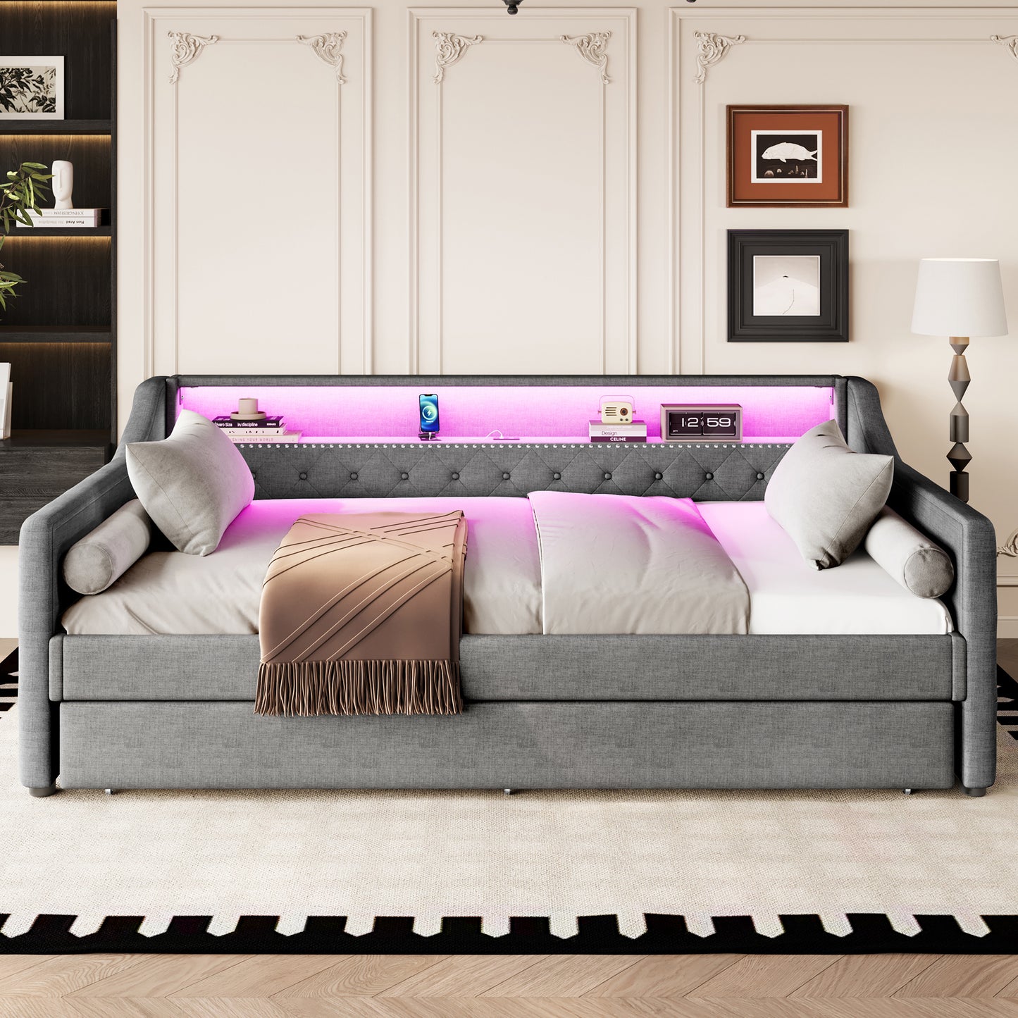 Daybed, 90 X 200cm, Sofa Bed, Daybed With Slatted Base  Without Mattress , With LED Lights, Bed With Pull-out Bed, USB Charging Socket, Linen, Grey