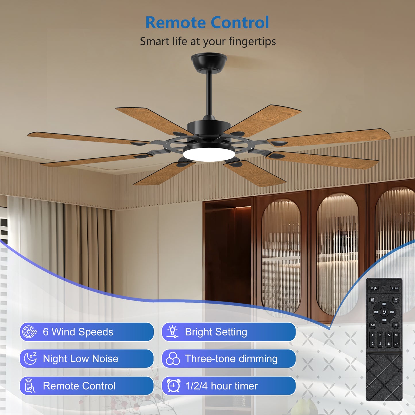 60 Inch Ceiling Fan With Lights And Remote Control, 8 Plywood Blades, 6-Speed Noiseless Reversible DC Motor, 3CCT, Windmill Ceiling Fan For Kitchen Bedroom Living Room, Black