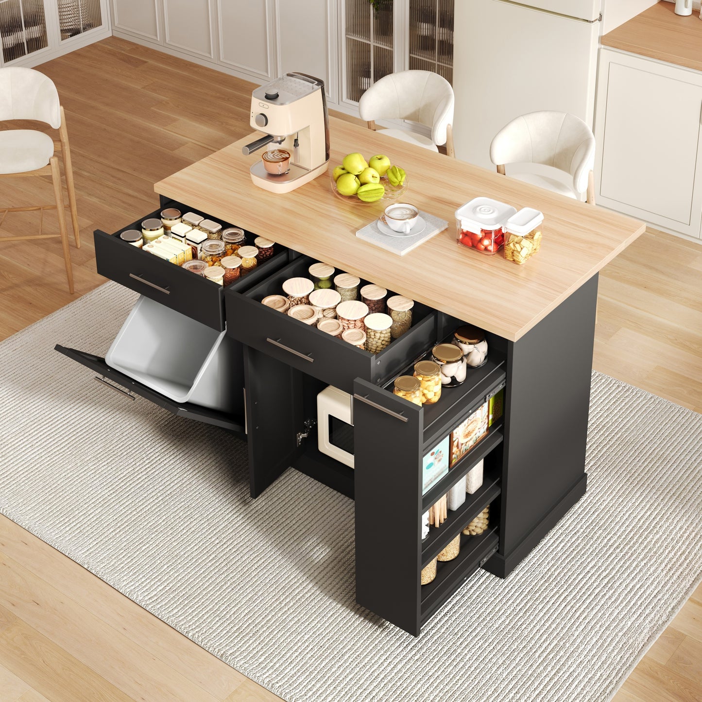 Kitchen Island On Wheels With Folding Worktop, Kitchen Trolley With Garbage Cabinet, 4-tier Spice Rack, 2 Drawers And Lockable Castors, 120 X45  X 93 Cm