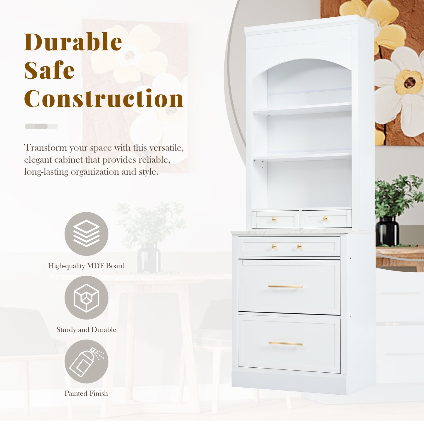 TOPMAx Modern 83.7inch High Kitchen Pantry  Freestanding Tall Kitchen Hutch With Faux Marble Top Cupboard Cabinet With 5 Storage Drawers And Adjustable Shelf  Set Of 2  White