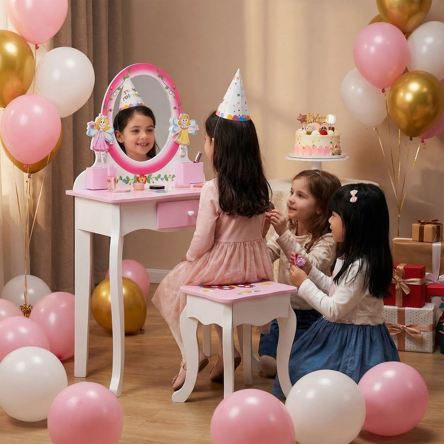 Kids Vanity Set Floral Printed Wooden Makeup Dressing Princess Table With Mirror And Stool For Role Playing Pink