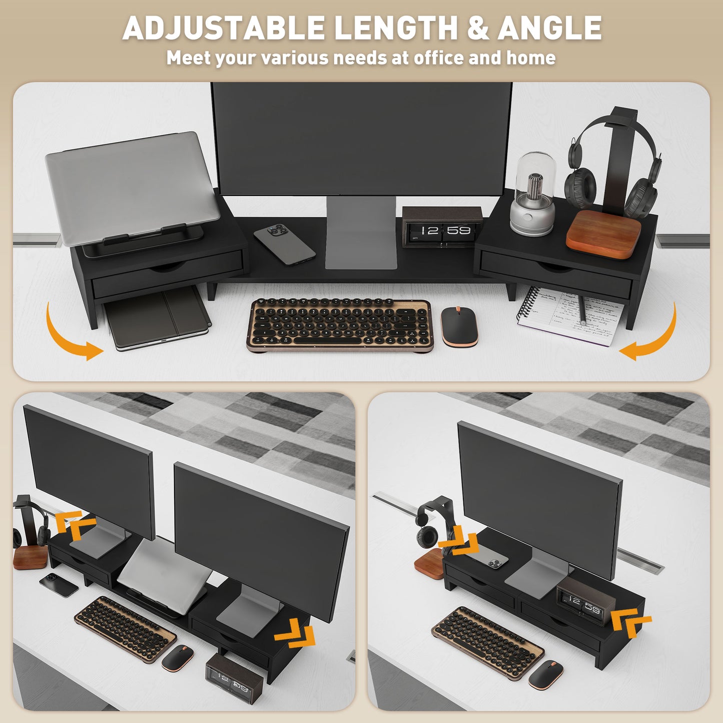 Dual Monitor Stand Riser With 2 Drawers, Adjustable Length And Angle, 116cm Monitor Riser For Laptop, Computer, PC, Small Printer, Black
