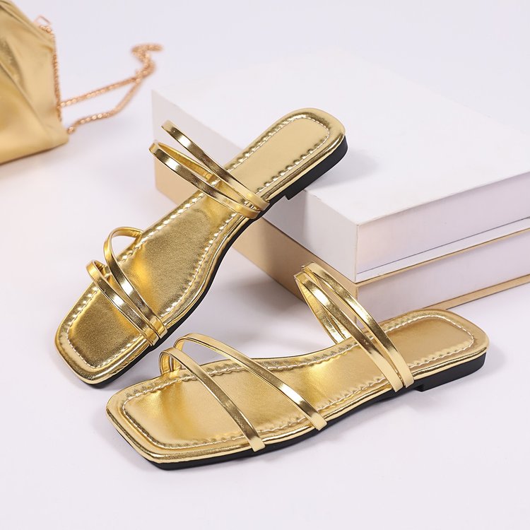 High-end Summer New Women's Simple Thin Straps Square Toe Solid Color Flat Sole Outdoor Slippers