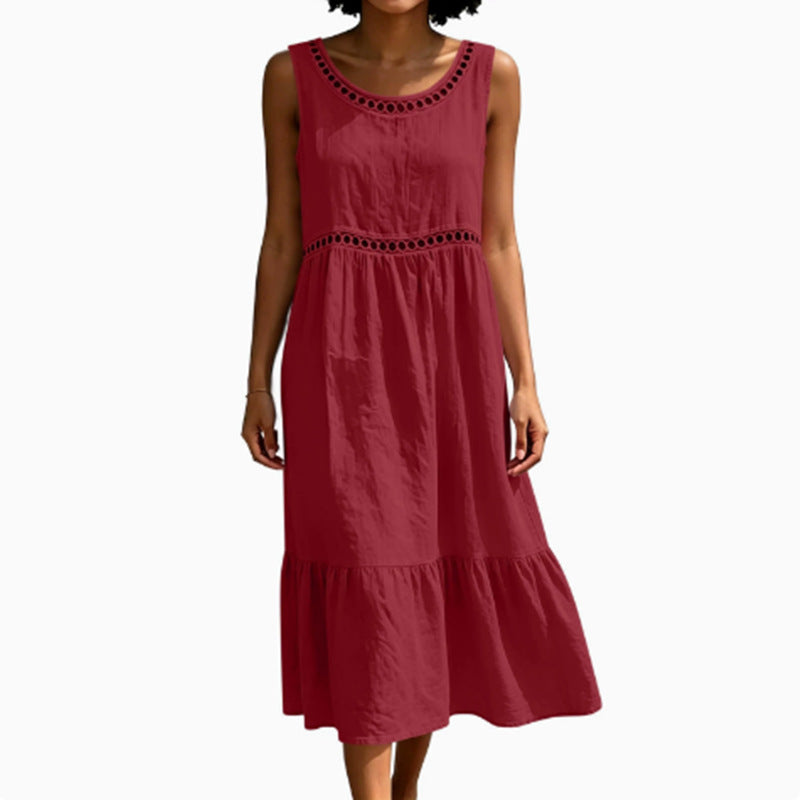 New Lace Casual Round-neck Solid-color Sleeveless Cotton-linen Dress For Women
