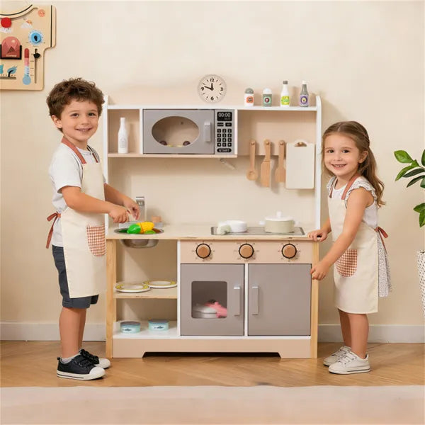 Gray Wooden Kids Play Kitchen With 13 Accessories, Pretend Cooking Set For Toddlers 3+